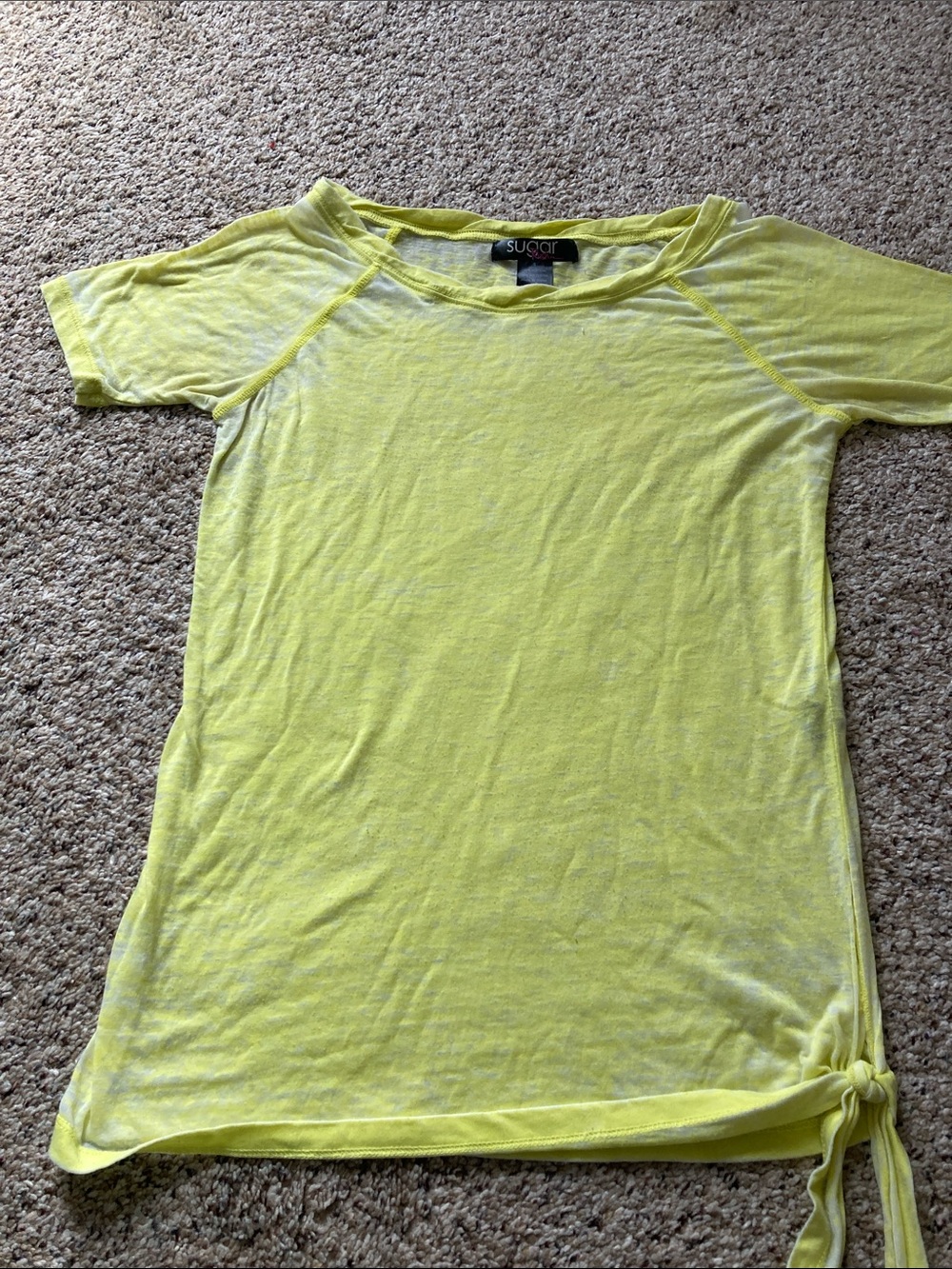 Sugar Neon Yellow High-Low Tie Hem Shirt with tie.
